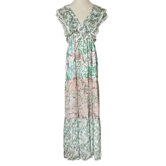 House of Harlow floral mixed print lace edged flutter maxi dress size M medium - Picture 2 of 10